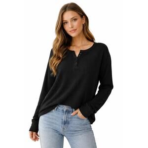Black Waffle Knit Offline Top Minimalist Cozy Casual Basic